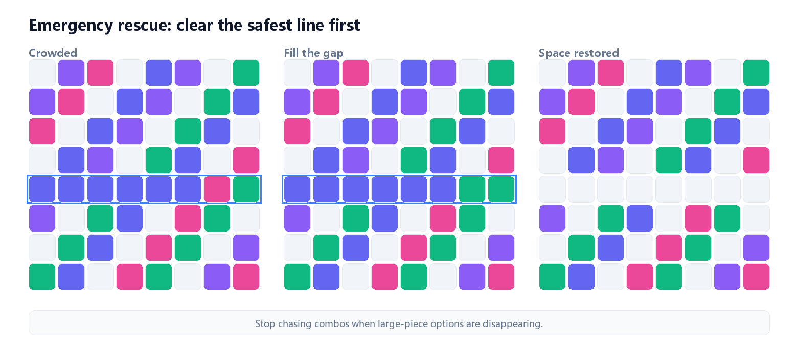 Block Blast crowded-board rescue sequence