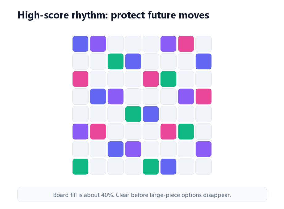 Block Blast board showing a sustainable high-score fill level