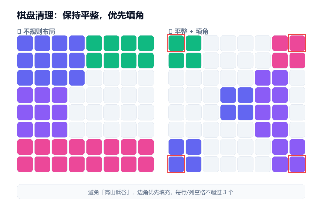 棋盘清理示意图：保持平整布局与优先填角